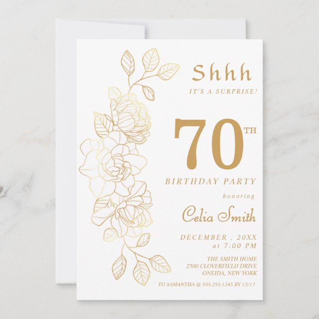 Floral Gold  Surprise 70th Birthday  Invitation (Front)