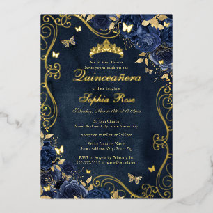 Floral Gold Swirl Butterfly Navy Quinceanera Foil Invitation