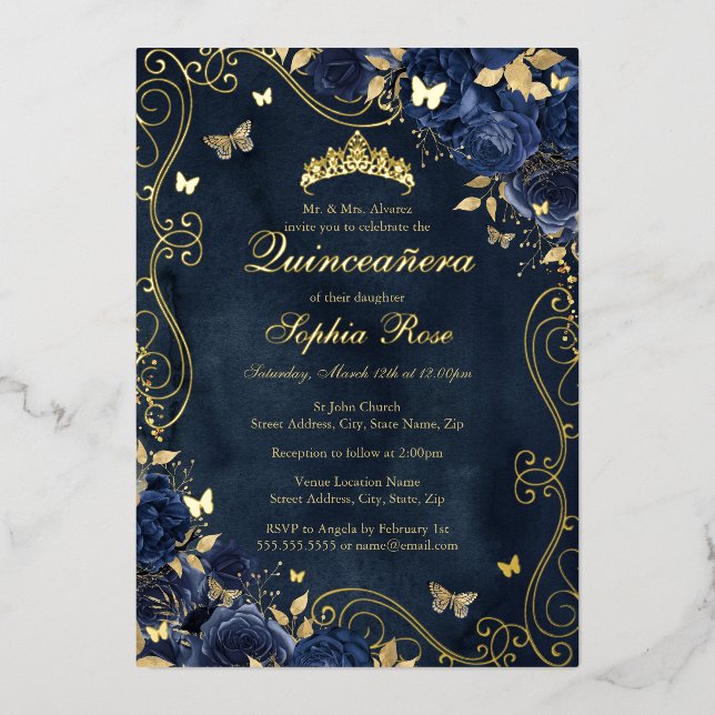 Floral Gold Swirl Butterfly Navy Quinceanera Foil Invitation (Front)