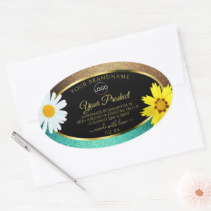 Floral Gold Teal Glitter Black Product Labels Logo