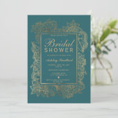 Floral gold teal green chic elegant bridal shower invitation (Standing Front)