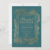 Floral gold teal green chic elegant bridal shower invitation (Front)