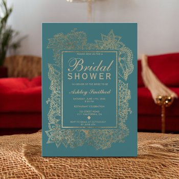 Floral Gold Teal Green Chic Elegant Bridal Shower Invitation by girly_trend at Zazzle