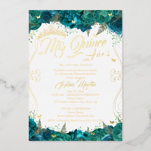 Floral Gold Teal Scroll Mis Quince Quinceanera  Foil Invitation