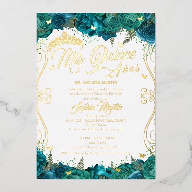 Floral Gold Teal Scroll Mis Quince Quinceanera  Foil Invitation (Front)
