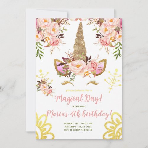 Floral Gold Unicorn face Birthday Invitation 