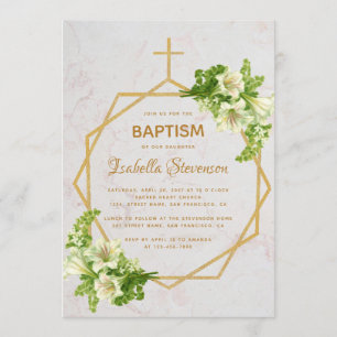 Floral Gold White Lilies Marble Geometric Baptism Invitation