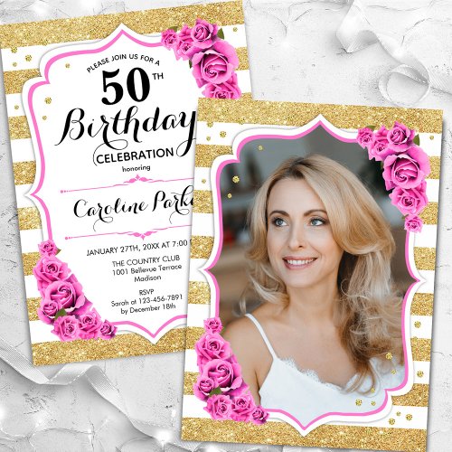 Floral Gold White Pink Photo 50th Birthday Invitation