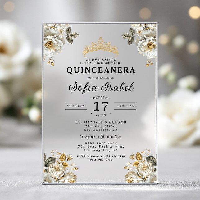 Floral Gold White Princess Quinceanera Acrylic Invitations (Creator Uploaded)