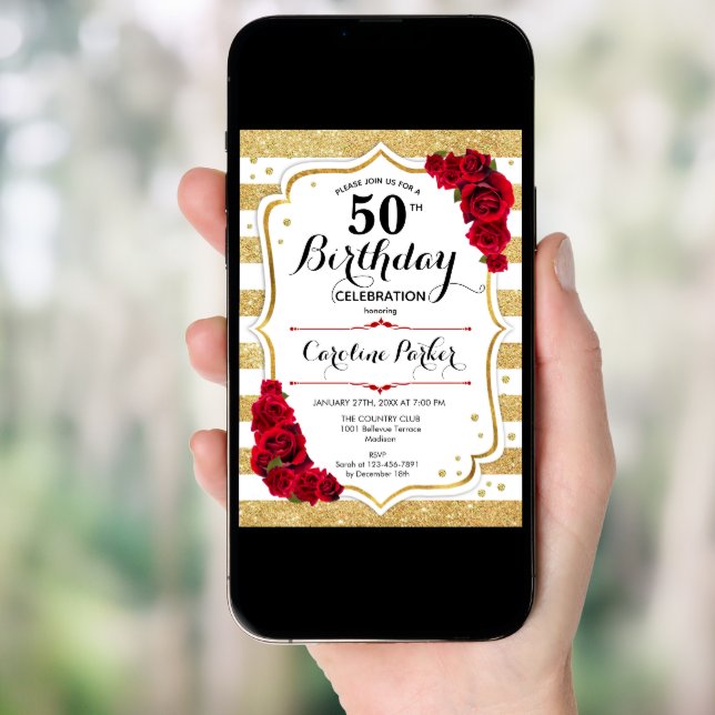 Floral Gold White Red Roses Photo 50th Birthday Invitation (Front Digital)