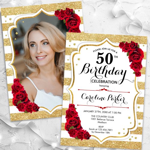 Floral Gold White Red Roses Photo 50th Birthday Invitation