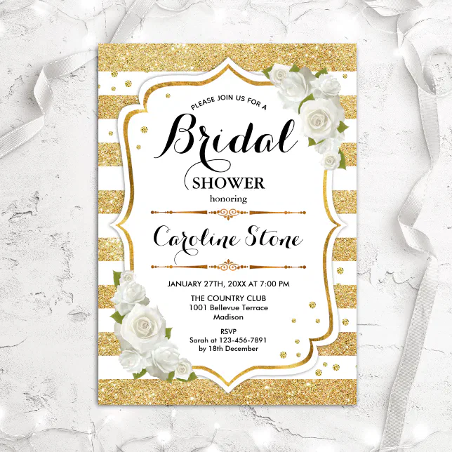 Floral Gold White Stripes Bridal Shower Invitation | Zazzle