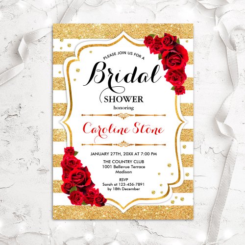 Floral Gold White Stripes Bridal Shower Invitation