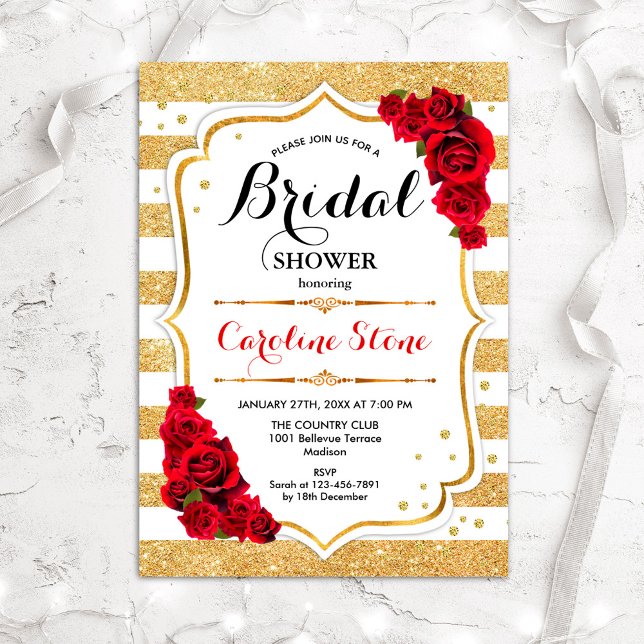 Floral Gold White Stripes Bridal Shower Invitation (Creator Uploaded)