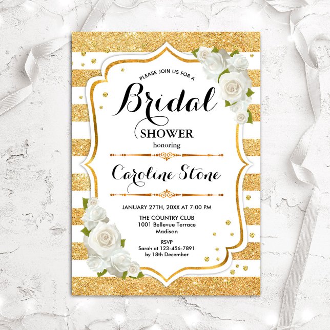Floral Gold White Stripes Bridal Shower Invitation (Creator Uploaded)