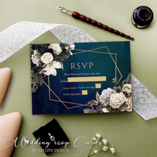 Floral Gold Wreath Emerald Green Wedding RSVP Card