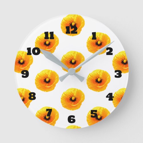 Floral Gold Yellow Poppy Flower Girls Boys Nursery Round Clock