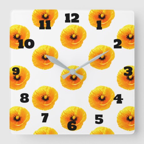 Floral Gold Yellow Poppy Flower Girls Boys Nursery Square Wall Clock