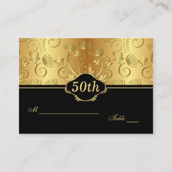 Floral Golden Black 50th Reception Place Card by IrinaFraser at Zazzle