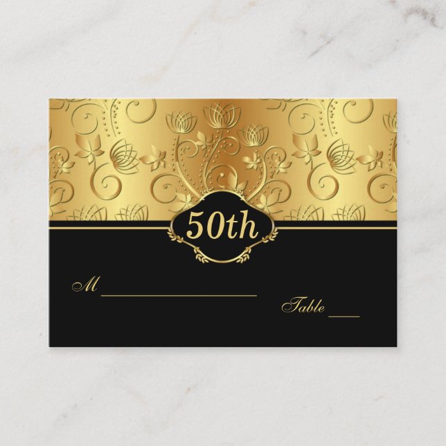 Floral golden black 50th Reception Place Card (Front)