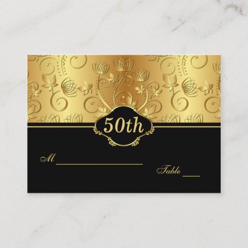 Floral golden black 50th Reception Place Card