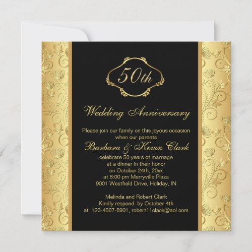 Floral golden black 50th Wedding Anniversary Invitations