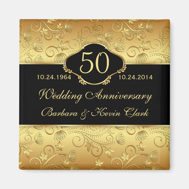 Floral golden black 50th Wedding Anniversary Magnet (Front)