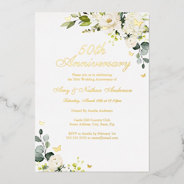 Floral Golden Butterfly 50th Wedding Anniversary  Foil Invitation (Front)