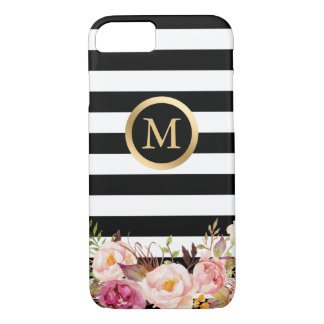 Floral Golden Circle Monogram Black White Striped iPhone 8/7 Case