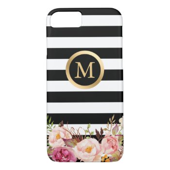 Floral Golden Circle Monogram Black White Striped Iphone 8/7 Case by CityHunter at Zazzle