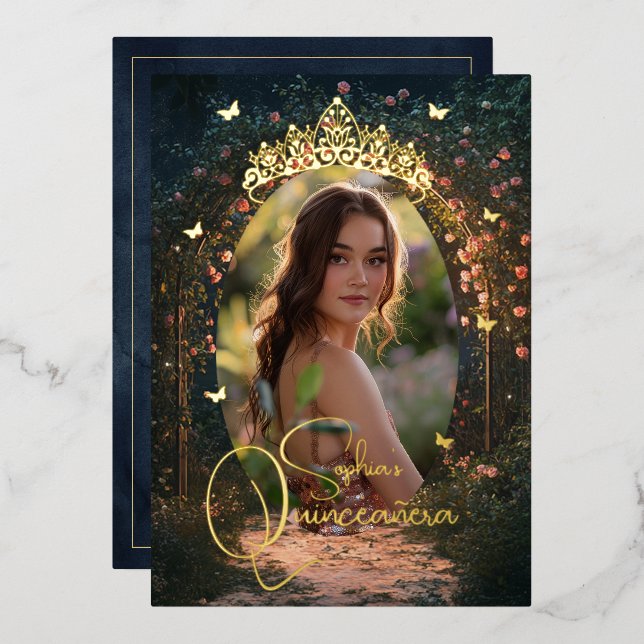 Floral Golden Garden Butterfly Photo Quinceanera Foil Invitation (Front/Back)