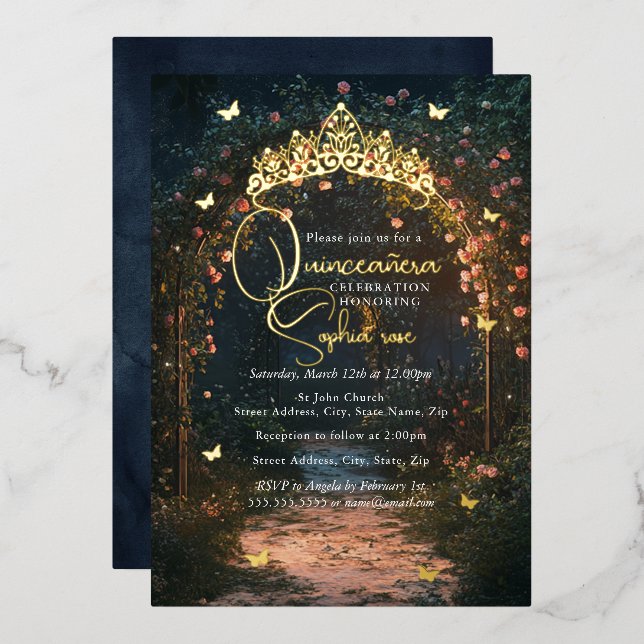Floral Golden Garden Butterfly Quinceanera Foil Invitation (Front/Back)