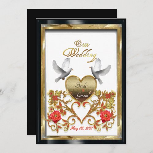 Floral golden heart of loving Doves wedding card