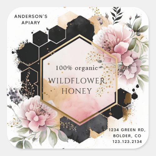 floral golden honey jar apiary square sticker