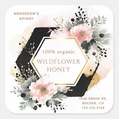 floral golden honey jar apiary square sticker