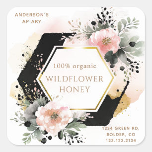 floral golden honey jar apiary square sticker