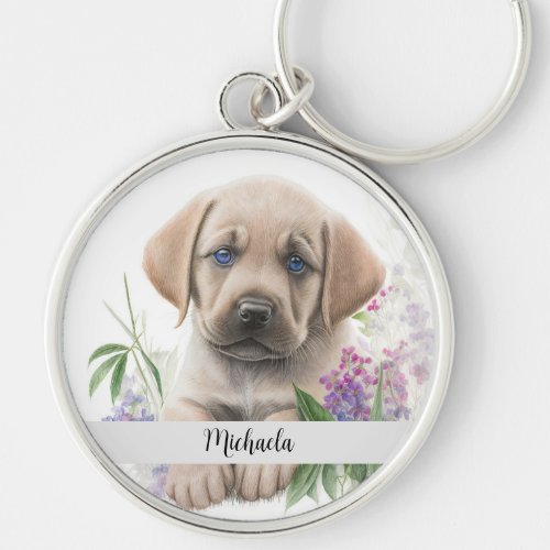 Floral Golden Labrador Puppy Personalized Keychain