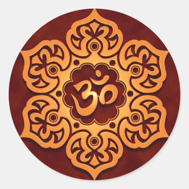 Floral Golden Red Aum Design Classic Round Sticker (Front)