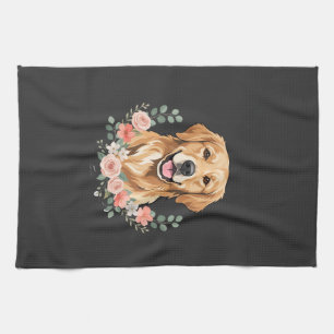 Floral Golden Retriever Dog Portrait Sublimation Kitchen Towel
