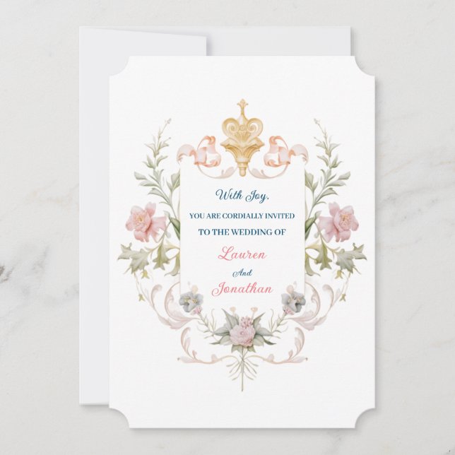 Floral Golden Royal Crest & Blush Roses Wedding Invitation (Front)