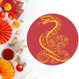 Floral Golden Snake on Red Classic Round Sticker