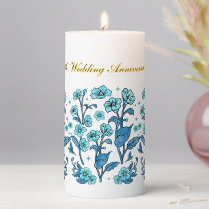 Floral Golden Wedding Anniversary Teal Pillar Candle