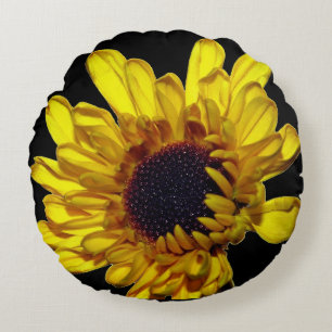 Floral Golden Yellow Black Abstract Artsy Gift Round Pillow