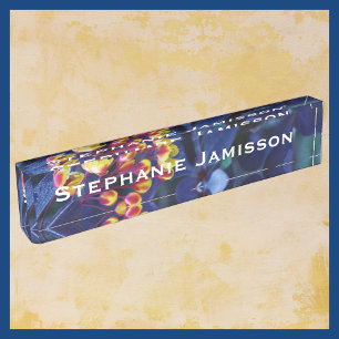 Floral Golden Yellow Flowers, Blue, Name Desk Name Plate