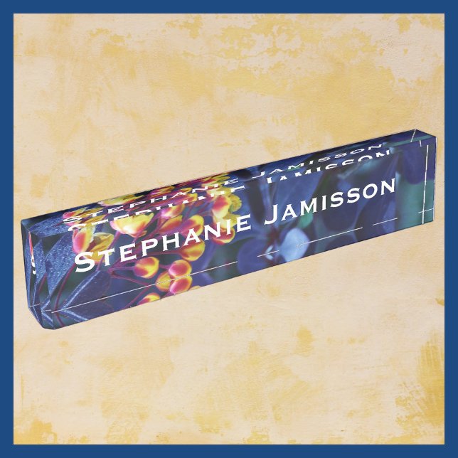 Floral Golden Yellow Flowers, Blue, Name Desk Name Plate (Creator Uploaded)