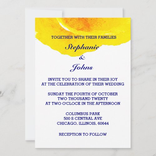 Floral Golden Yellow Navy Blue White Cool Wedding Invitation