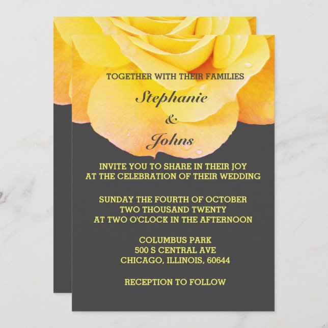 Floral Golden Yellow Orange Grey Gray Cute Wedding Invitation (Front/Back)