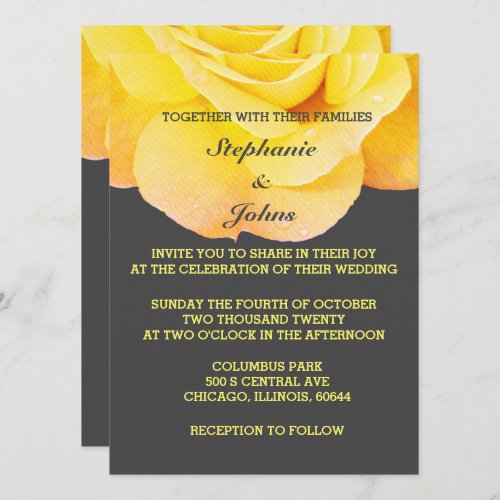 Floral Golden Yellow Orange Grey Gray Cute Wedding Invitation