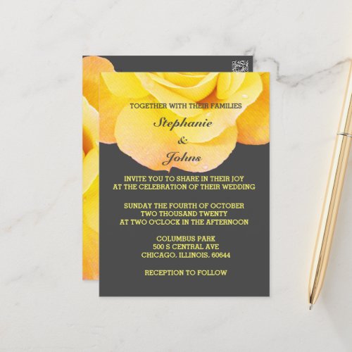Floral Golden Yellow Orange Grey Gray Cute Wedding Postcard