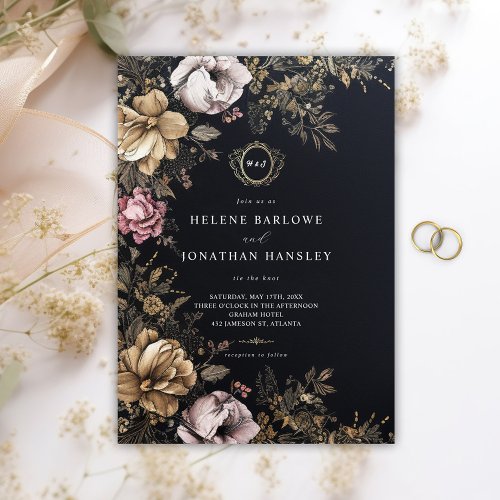 Floral Gothic Black Monogram Wedding Invitation